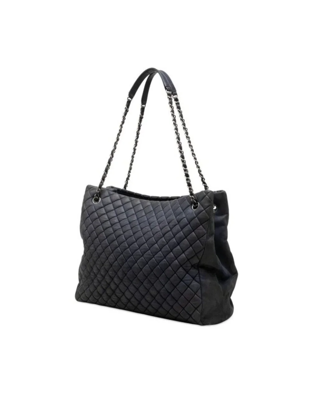 Chanel Quilted Chain Tote Shoulder Bag Navy Silver Leather